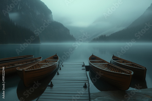 Four wooden rowboats rest on a tranquil lake pier, shrouded in mist. Majestic mountains and dark forests encircle the serene water.