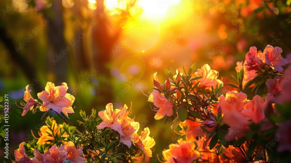 Pink Azalea Flowers in Golden Sunlight with Bokeh Background Pink Azalea Flowers in Golden Sunlight with Bokeh Background