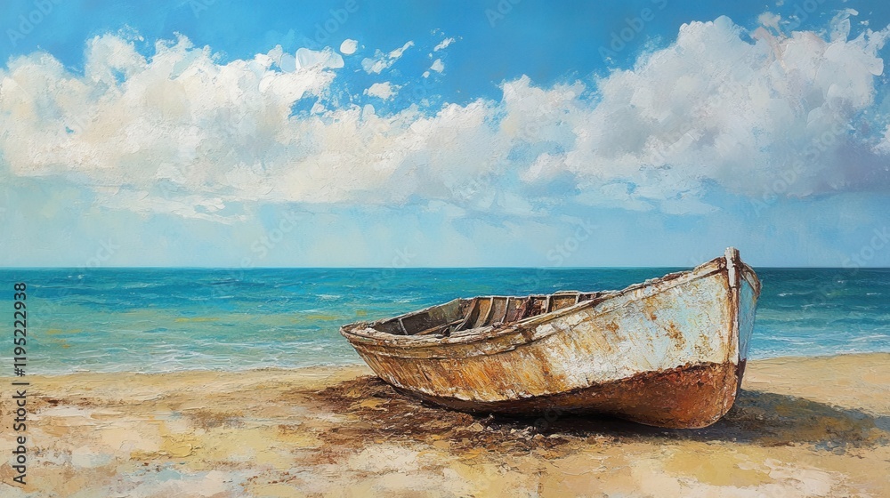 Fishing boat wreckage beached. Generative AI Fishing boat wreckage beached. Generative AI