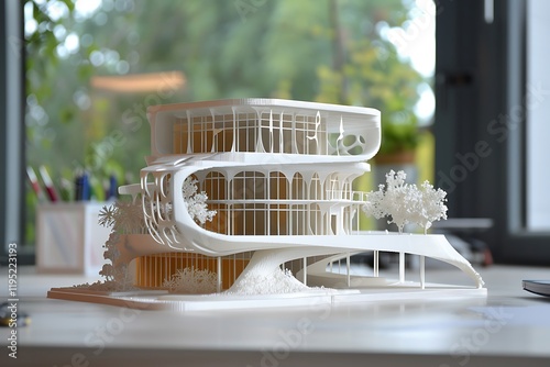 A detailed white 3Dprinted model of a futuristic, multilevel building with organic curves and landscaping elements, sits on a white table near a window. photo