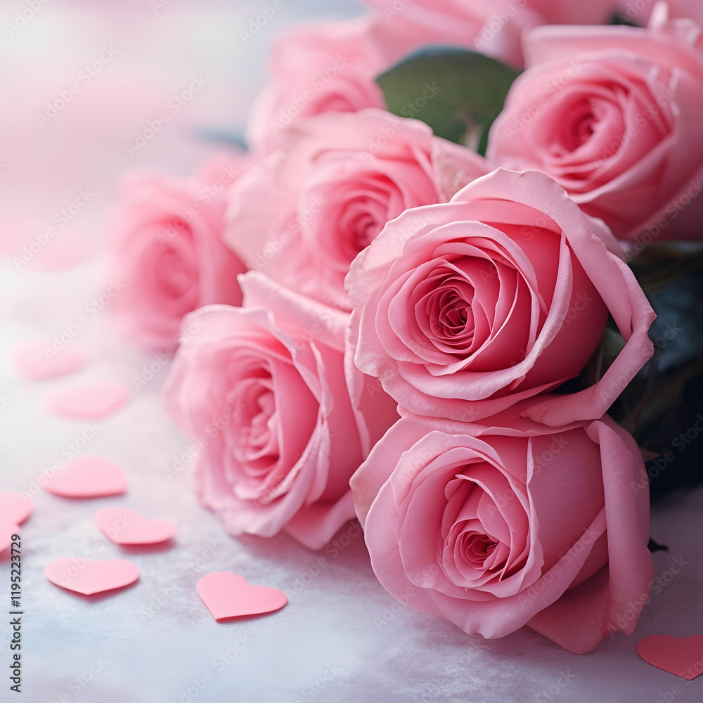 Romantic Bouquet of Pink Roses with Heart Decorations and Pastel Background Romantic Bouquet of Pink Roses with Heart Decorations and Pastel Background