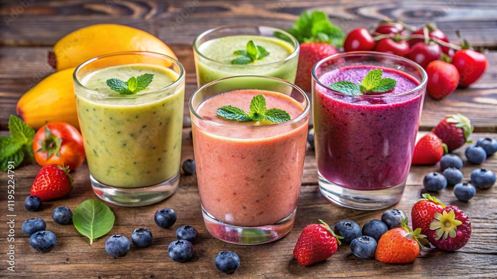 Three glasses with different smoothies with fruits and berries
Three glasses with different smoothies with fruits and berries