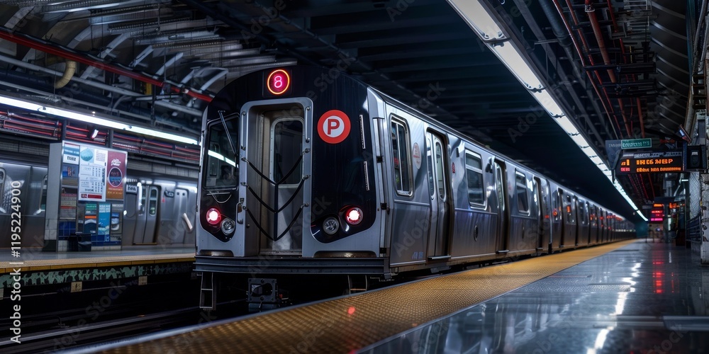 Obraz premium A subway train at a station, illuminated by artificial lights, showcasing urban transport infrastructure.