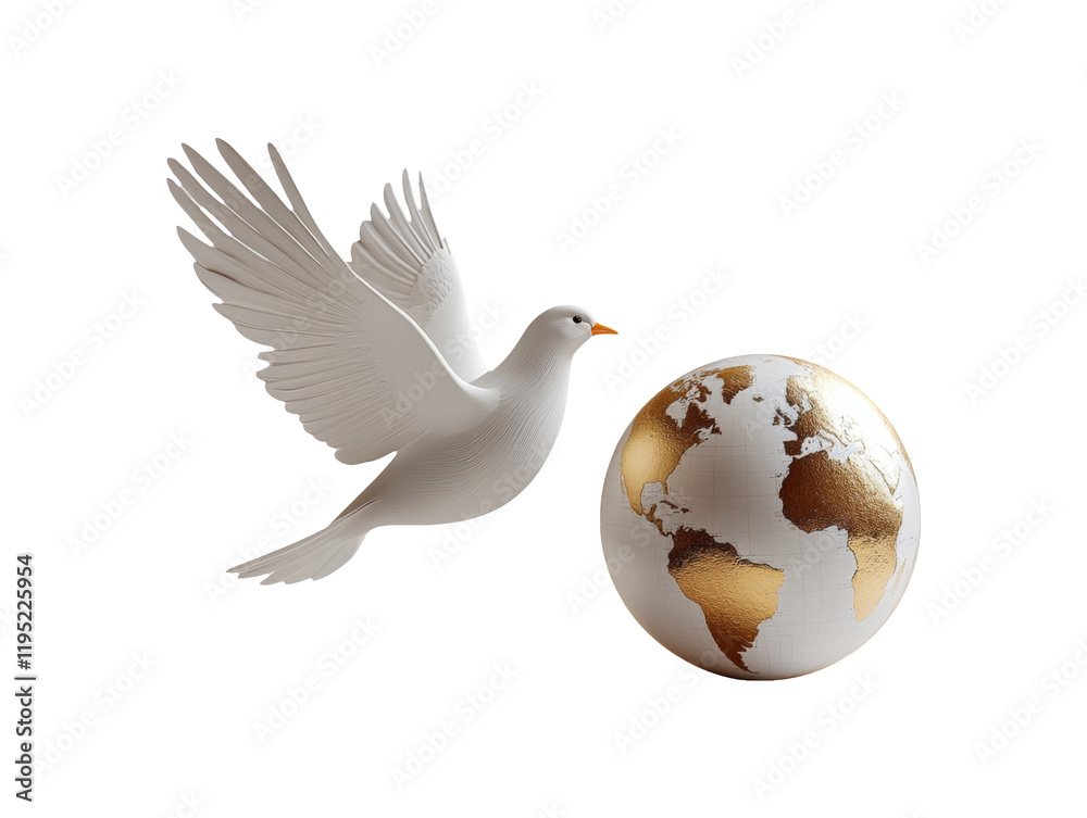 Fototapeta premium 3D White Dove Flying Above Globe Isolated on Transparent Background
