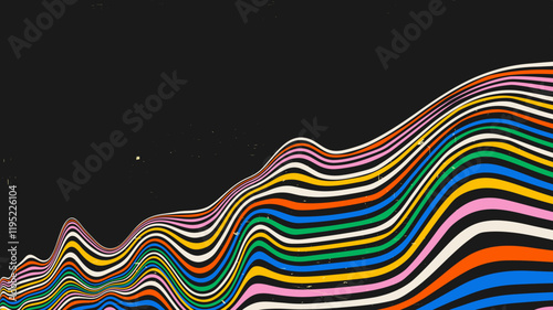 Vector illustration. Vibrant wavy rainbow lines on a black background. Psychedelic retro aesthetic with bold curves and dynamic flow. Design for modern posters, wallpapers, or digital designs
