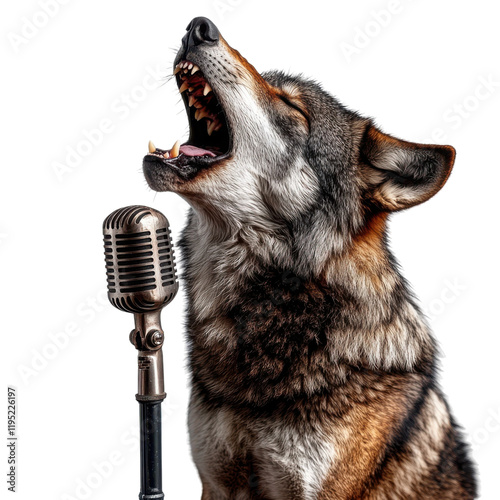 A detailed depiction of a wolf with gray and brown fur, howling passionately next to a vintage-style microphone photo