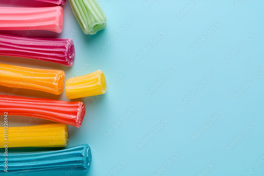 Rainbow Candy Sticks: A vibrant and playful arrangement of colorful candy sticks on a soft blue background, a perfect illustration for sweet treats, fun, and childhood memories. Rainbow Candy Sticks: A vibrant and playful arrangement of colorful candy sticks on a soft blue background, a perfect illustration for sweet treats, fun, and childhood memories.