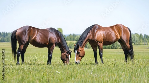 Two brown horses grazing in a lush green field under clear skies.