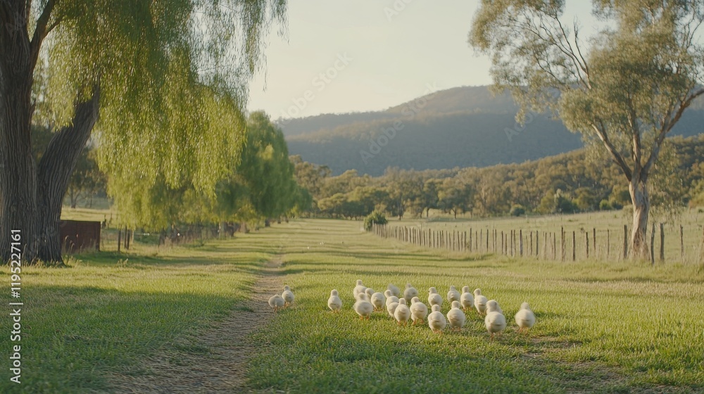 Fototapeta premium A Serene Landscape with Flock of Birds Walking Along a Scenic Dirt Path Surrounded by Lush Greenery and Rolling Hills Under Clear Blue Skies