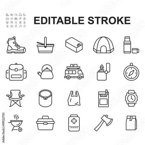 Collection of icons related to outdoor activities, camping, picnics. Thin line vector. Contains icons such as compass, matches, canned food and more.