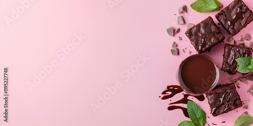Decadent Chocolate Brownie Flatlay: A flatlay of rich chocolate brownies, drizzled with decadent chocolate sauce, fresh mint leaves, and scattered chocolate chips on a pink background.