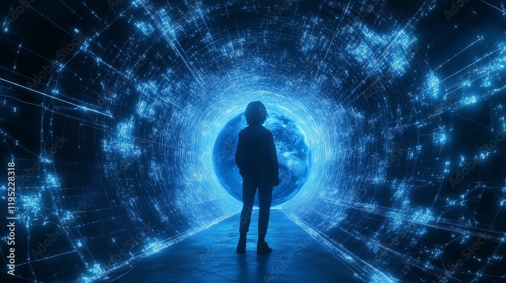 Glowing blue digital representation of Earth with a figure silhouetted Glowing blue digital representation of Earth with a figure silhouetted