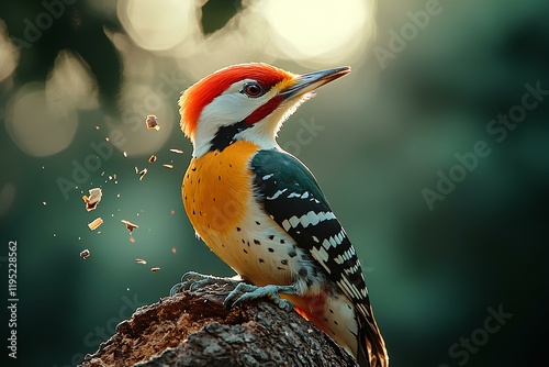 The woodpecker's beak is in motion, striking the bark with wood chips flying around. Its vibrant feathers stand out  against the rough texture of the tree photo