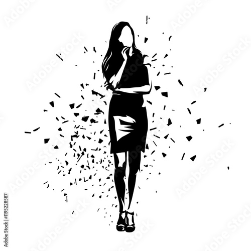 Business woman standing, isolated vector silhouette with dispersion effect
