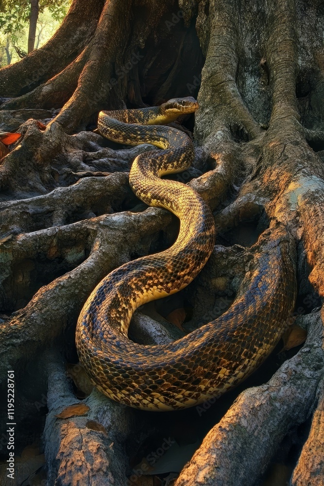Obraz premium Large snake coiled amongst tree roots, sunlight.