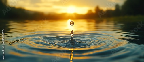 Fototapeta Naklejka Na Ścianę i Meble -  Water drop falling into lake at sunset.