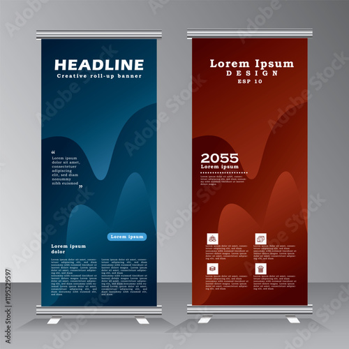 Roll up banner design, abstract roll up banner template, brown and blue color vertical banner, pull up banner, vector eps 10