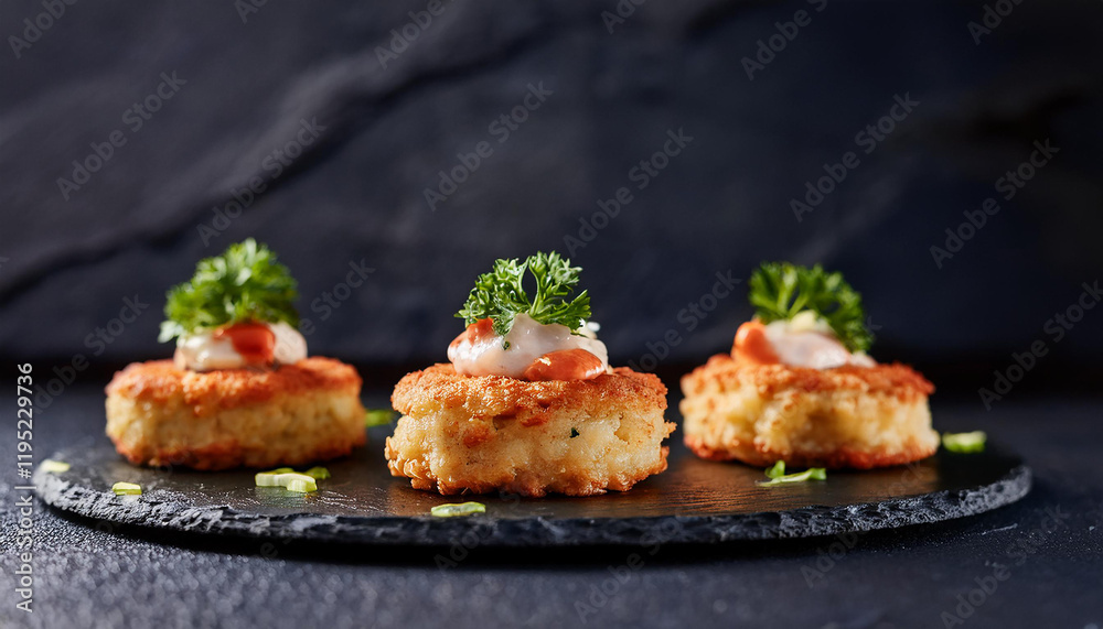 Mini baked crab cakes with garnish. Tasty meal. Delicious food. Cooking and culinary concept. Mini baked crab cakes with garnish. Tasty meal. Delicious food. Cooking and culinary concept.