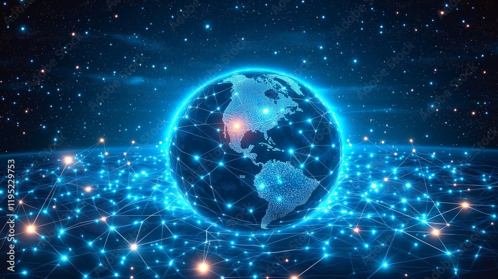 Obraz premium Glimmering blue digital representation of Earth in starry space backdrop