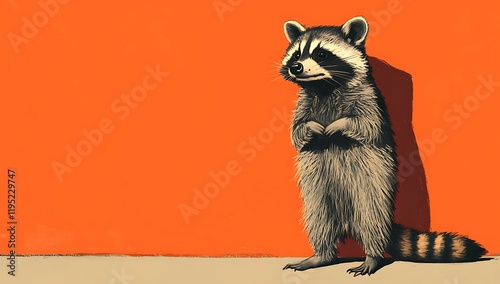 Playful raccoon posing against bright orange wall urban art animal illustration creative perspective photo