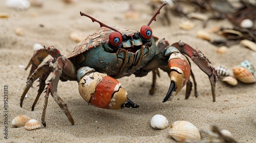 A whimsical painted crab walks on a sandy beach photo