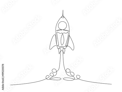 Continuous one line drawing of Rocket space ship launch - technology concept. Rocket launch in single line draw illustration. Editable stroke.