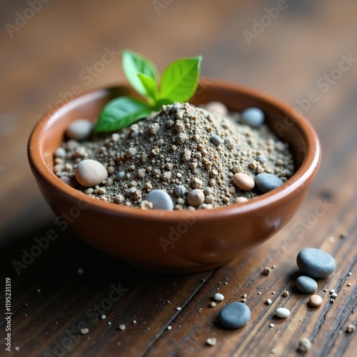 A bowl filled with kaolin clay and pebbles on a wooden table, textures, bowl, table