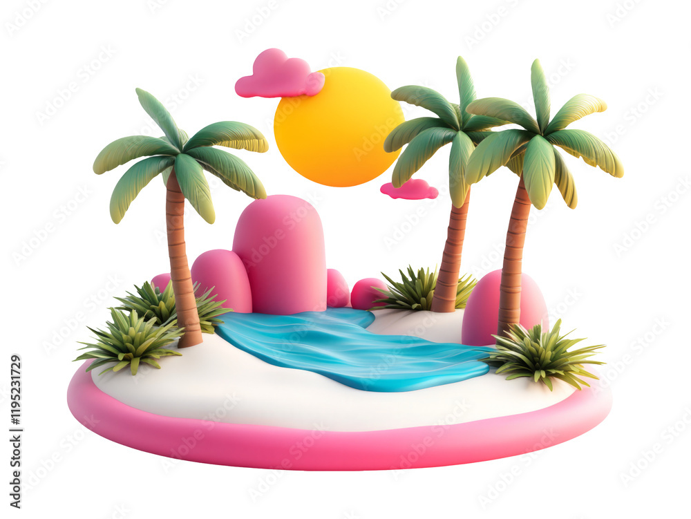 Obraz premium Vibrant 3D Summer Scene with Palm Trees and Sun on White Background