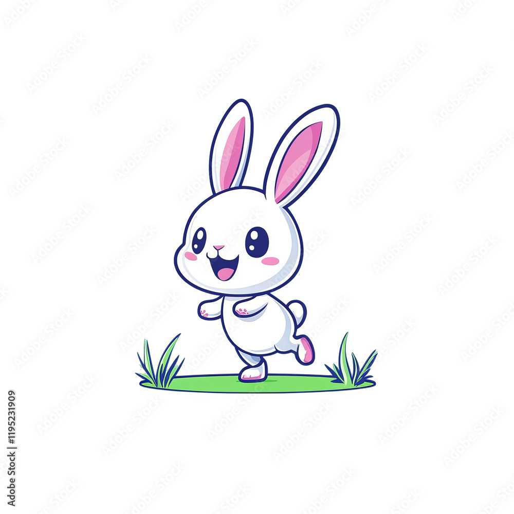 Fototapeta premium Cute cartoon rabbit running in a green meadow whimsical illustration joyful environment playful concept