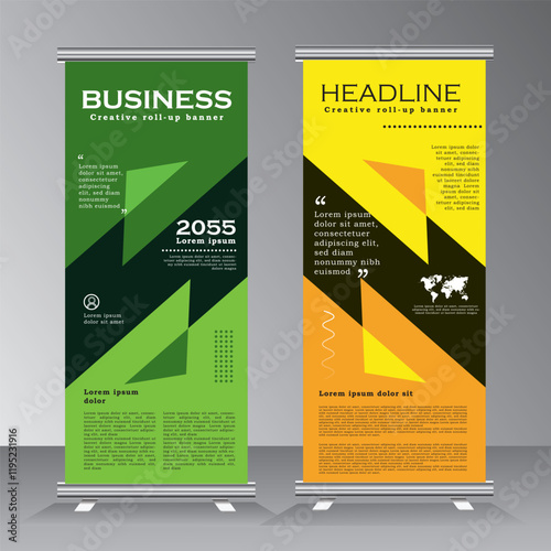 Roll up banner template design, roll up banner layout, advertisement, pull up, background, vertical vector banner with green and yellow colour, Vector eps 10