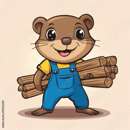 Happy otter carrying wood logs, cartoon illustration, beige background, children's book photo