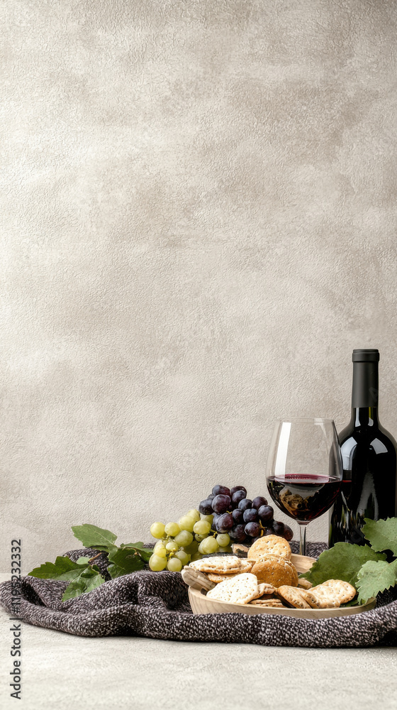 Naklejka premium cozy picnic scene featuring wine, grapes, and snacks on blanket