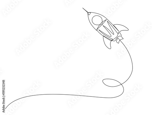 Continuous one line drawing of Rocket space ship launch - technology concept. Rocket fly to outer space in single line draw illustration. Editable stroke.