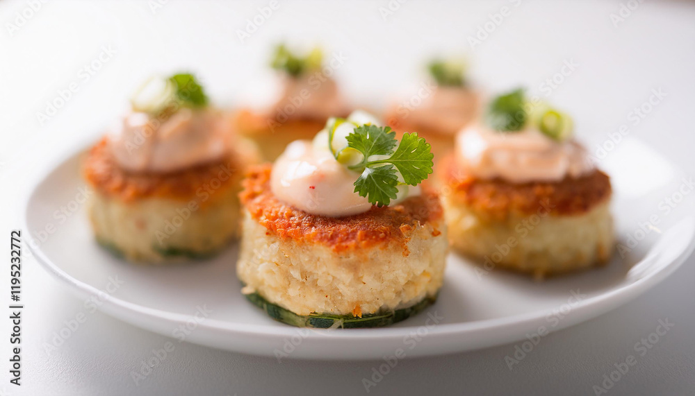 Mini baked crab cakes with garnish. Tasty meal. Delicious food. Cooking and culinary concept. Mini baked crab cakes with garnish. Tasty meal. Delicious food. Cooking and culinary concept.