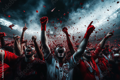 soccer fans celebrating passionately under dramatic stadium lights