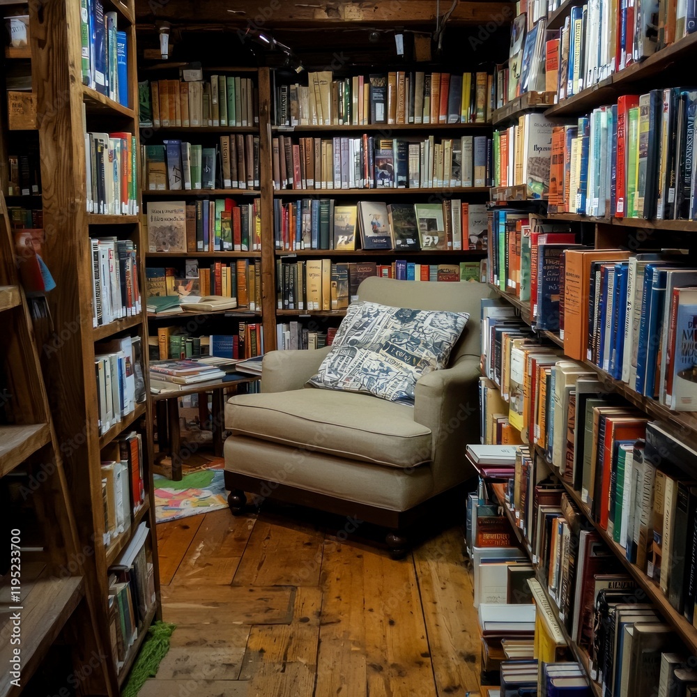 Cozy Reading Nook Bookshelves Armchair Wooden Floor Library Atmosphere Cozy Reading Nook Bookshelves Armchair Wooden Floor Library Atmosphere