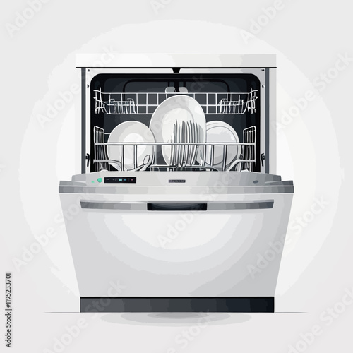 Vector 3d realistic dishwasher with digital display, open door, full of clean plates and glasses, front view isolated on background. Modern household appliances for washing dishes
,vector illustration