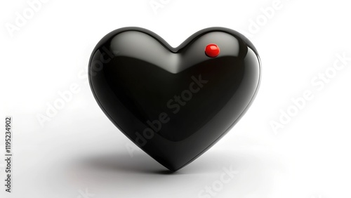 A glossy black heart with a single red accent, set against a clean white background. A bold and modern symbol of mystery, passion, and elegance.