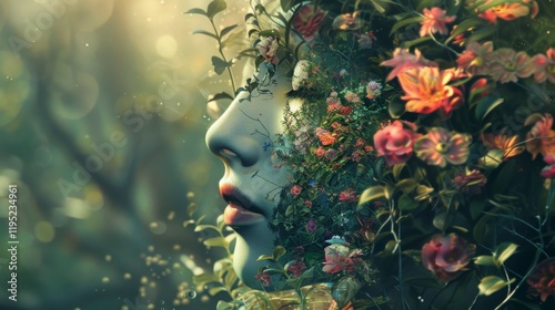 Woman with Floral Vines, Leaves, and Flowers in a Surreal Portrait