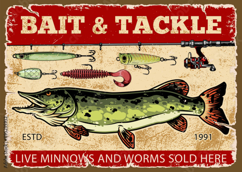Vintage bait and tackle shop sign with fish design