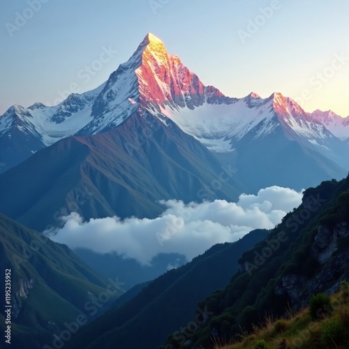 Cloud-softened peaks of Panchachuli range at dawn, munsiyari, himalayas photo