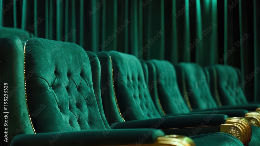 Obraz premium Luxurious emerald green cinema seats with ornate gold detailing close-up view