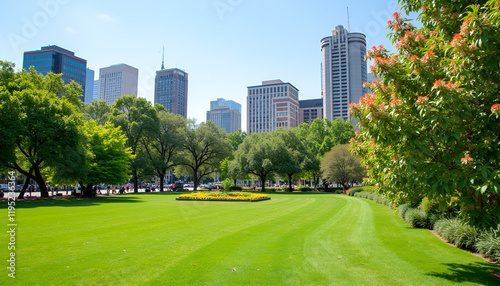 Urban Park Green Space with Modern City Skyline Background in Daylight