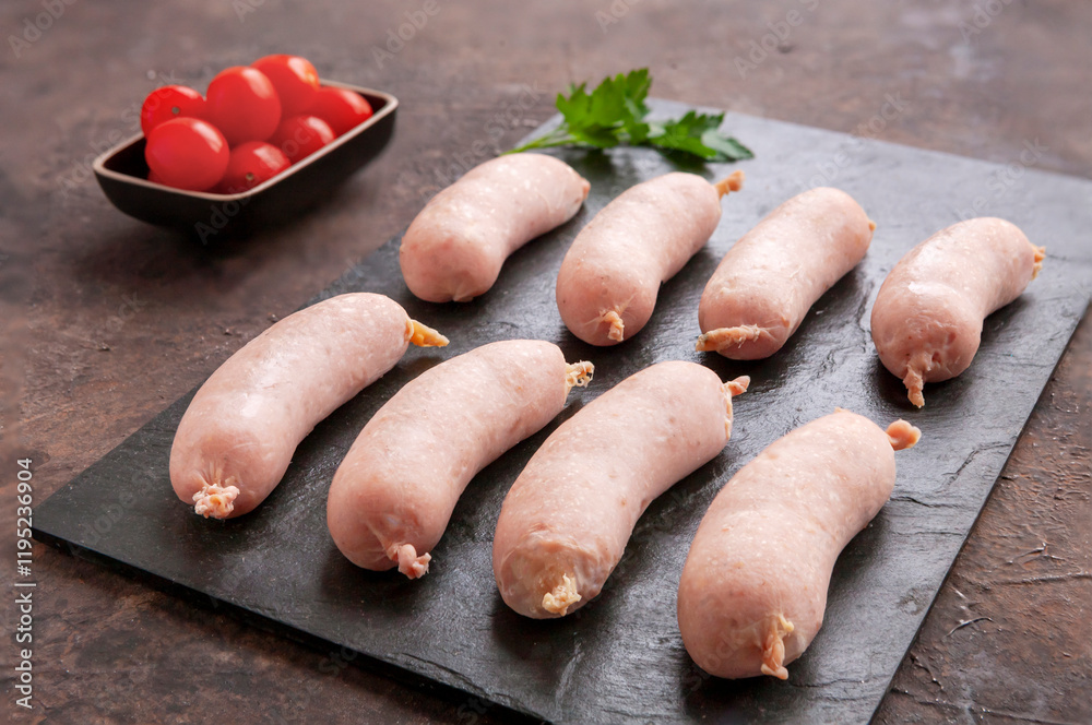 Fresh raw Homemade sausages on kitchen board Fresh raw Homemade sausages on kitchen board