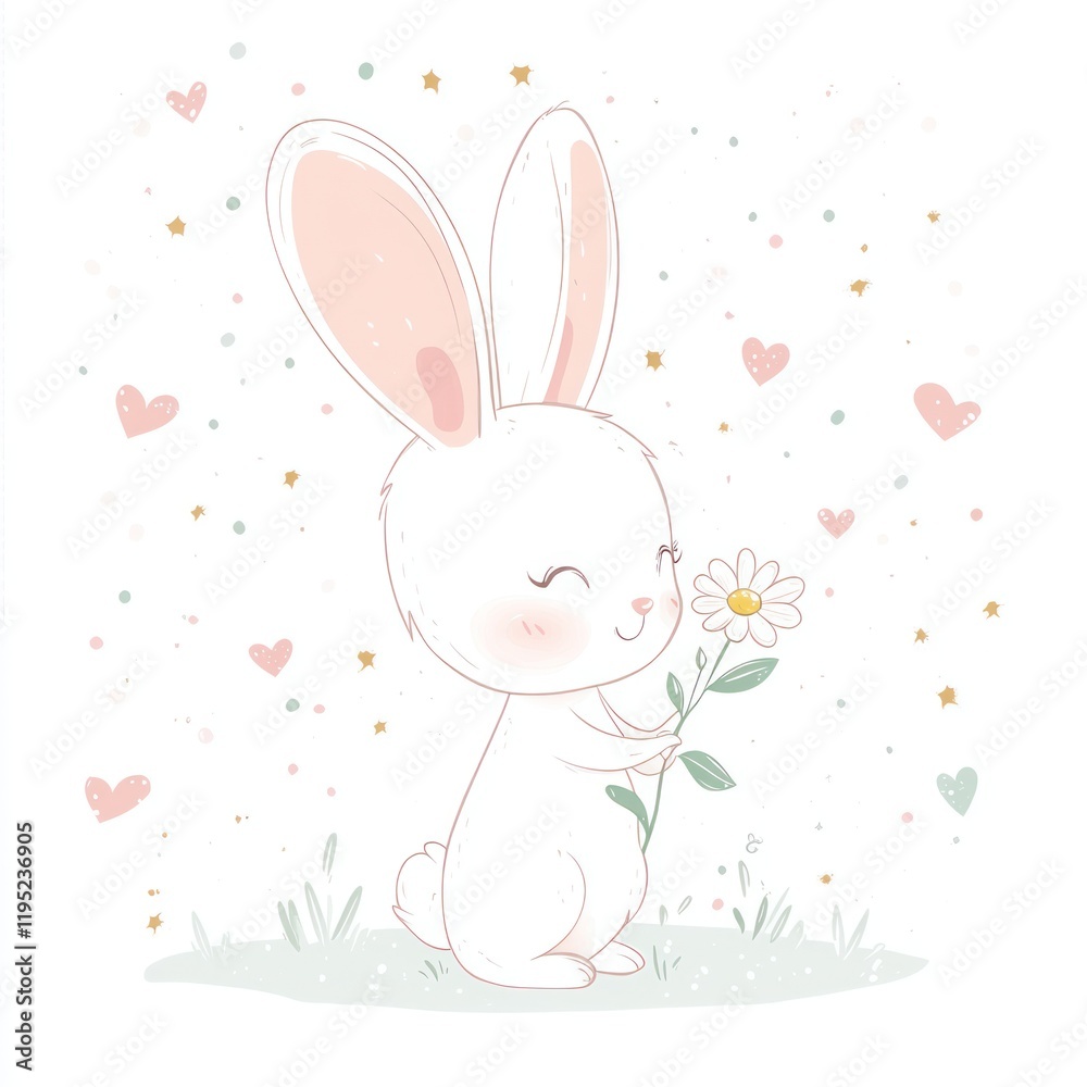 Cute bunny holding flower, hearts, spring, illustration, card Cute bunny holding flower, hearts, spring, illustration, card
