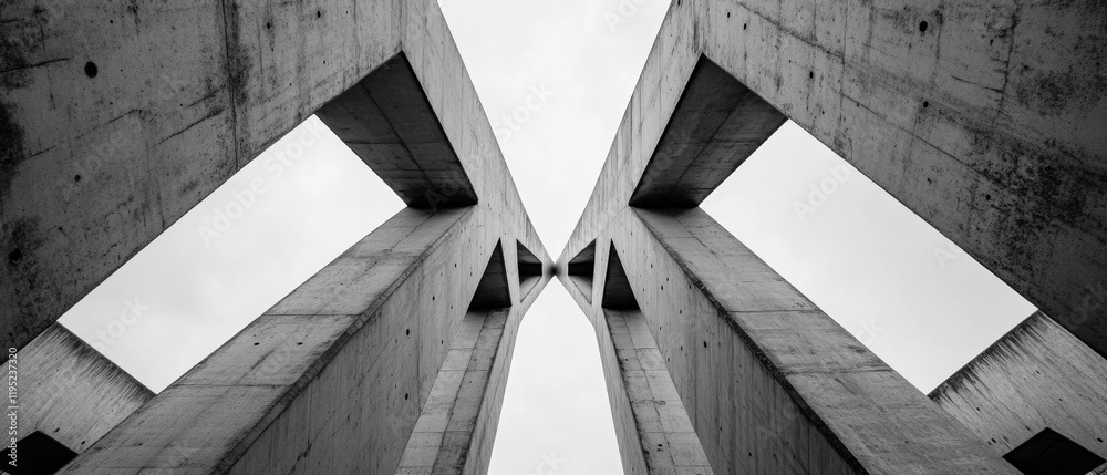 Obraz premium A striking black-and-white image showcasing large concrete structures converging in an abstract, geometric formation beneath a cloudy sky.