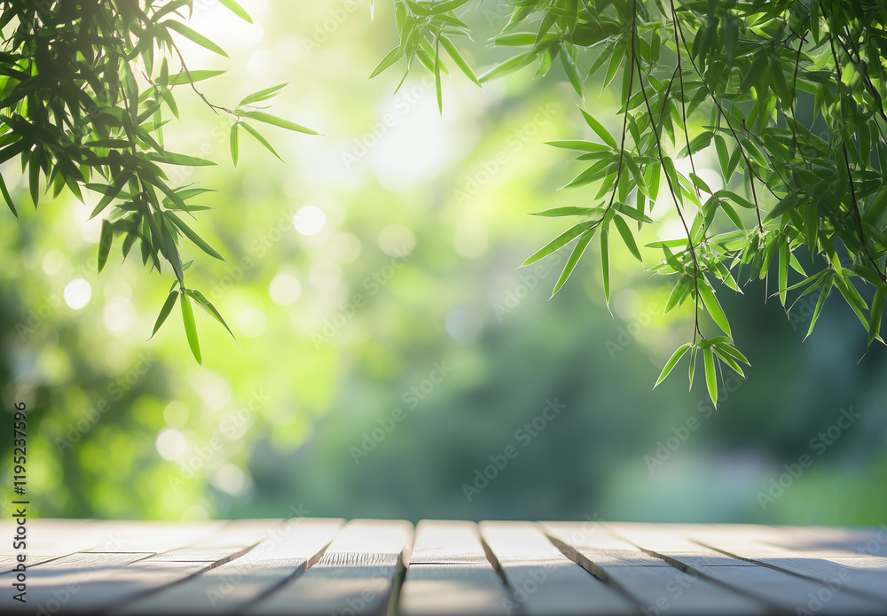 A wooden floor with green leaves in the background, creating an outdoor scene. The light is bright and sunny, creating a cheerful atmosphere. A wooden floor with green leaves in the background, creating an outdoor scene. The light is bright and sunny, creating a cheerful atmosphere.