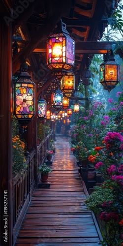 Illuminated pathway with hanging lanterns and vibrant flowers.