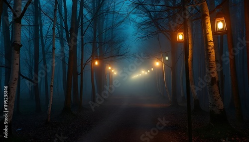 Enchanted Forest Path Illuminated by Glowing Lanterns in Misty Night