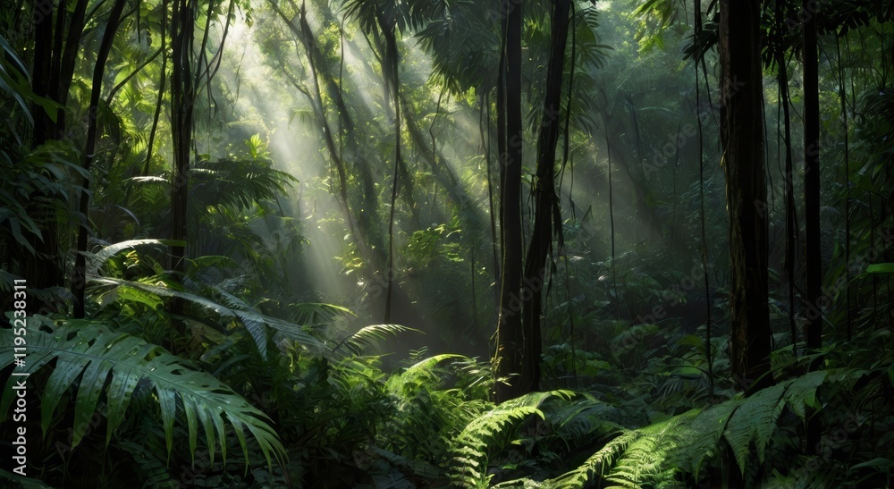 Fototapeta premium paisaje de jungla con rayos de sol